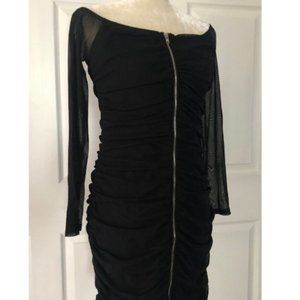 Black Mesh Ruched Off the Shoulder Mini Dress